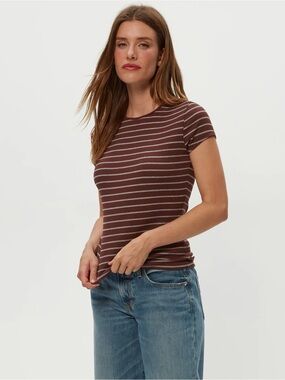 Lauren Ralph Lauren Petite Brown White Stripe Ribbed Tee Pearl Buttons Small